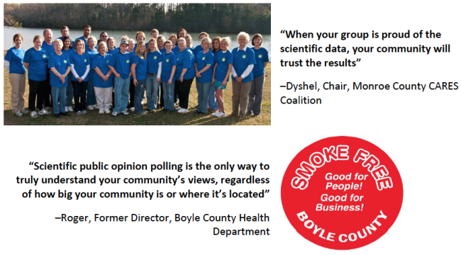 Image showing quotes from the Chair of Monroe County CARES Coalition and Former Director of the Boyle County Health Department about scientific polling. 