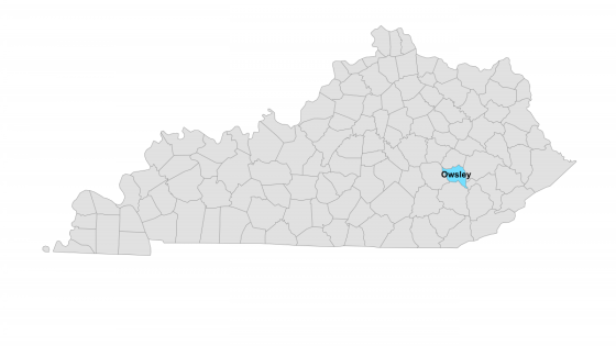 Map showing where Owsley County is located within Kentucky. 