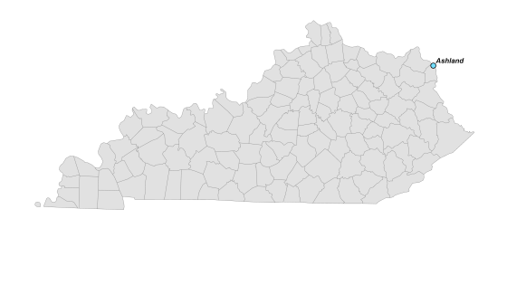 Map of Kentucky showing where Ashland, KY is located.