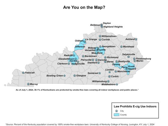 Map showing where law prohibits the usage of E-cigs indoors in Kentucky.