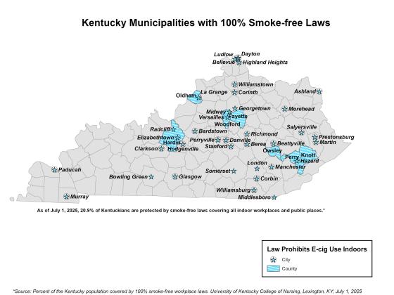 Map of comprehensive smoke-free coverage of indoor workplaces and public places.