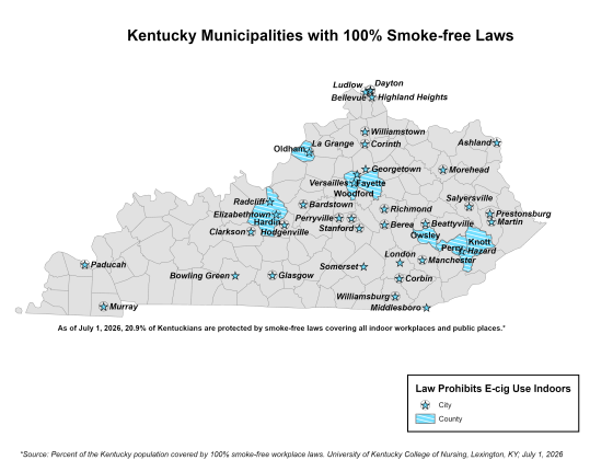 Map of Kentucky counties with comprehensive smoke-free coverage of indoor workplaces and public places.